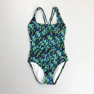 SPEEDO Athletic Racerback Swimsuit SZ 8 One-Piece Black Green Blue Dot Print